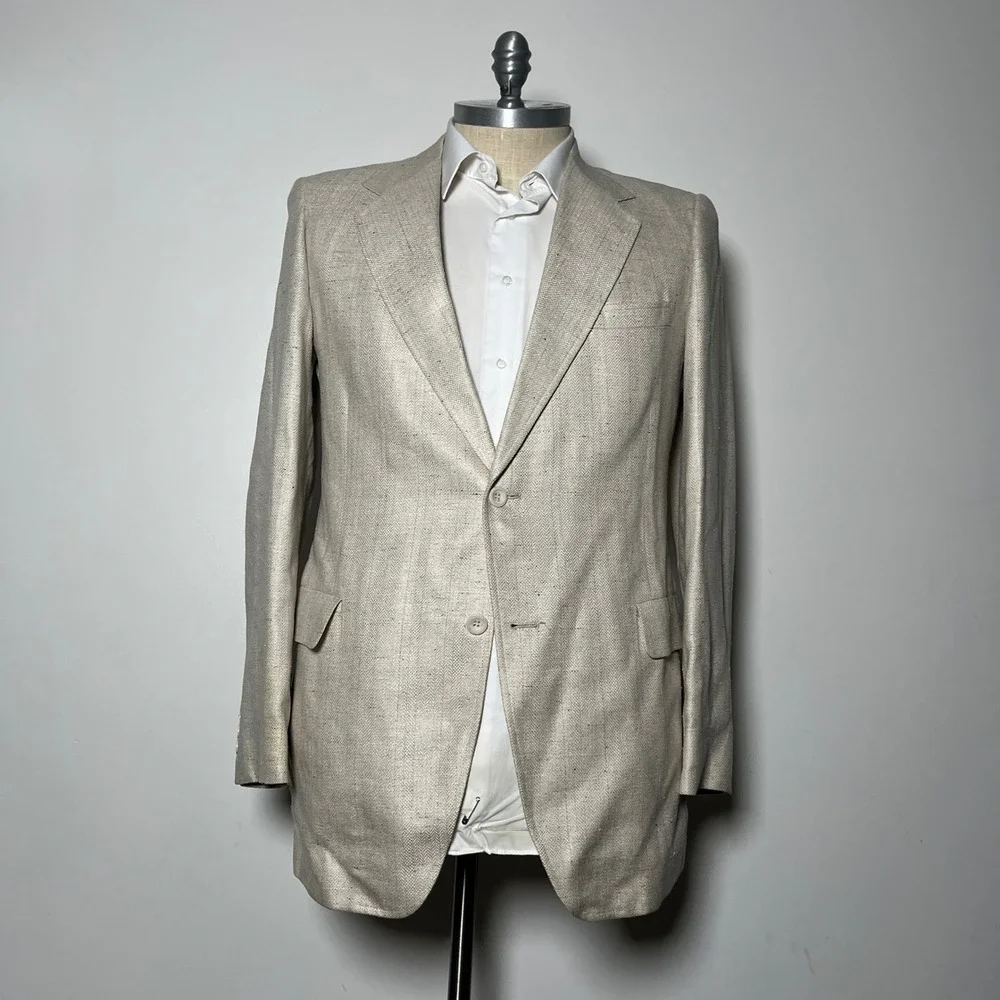 Kuppenheimer Blazer Mens 44L Beige Herringbone Two Button Silk Blend Vintage USA